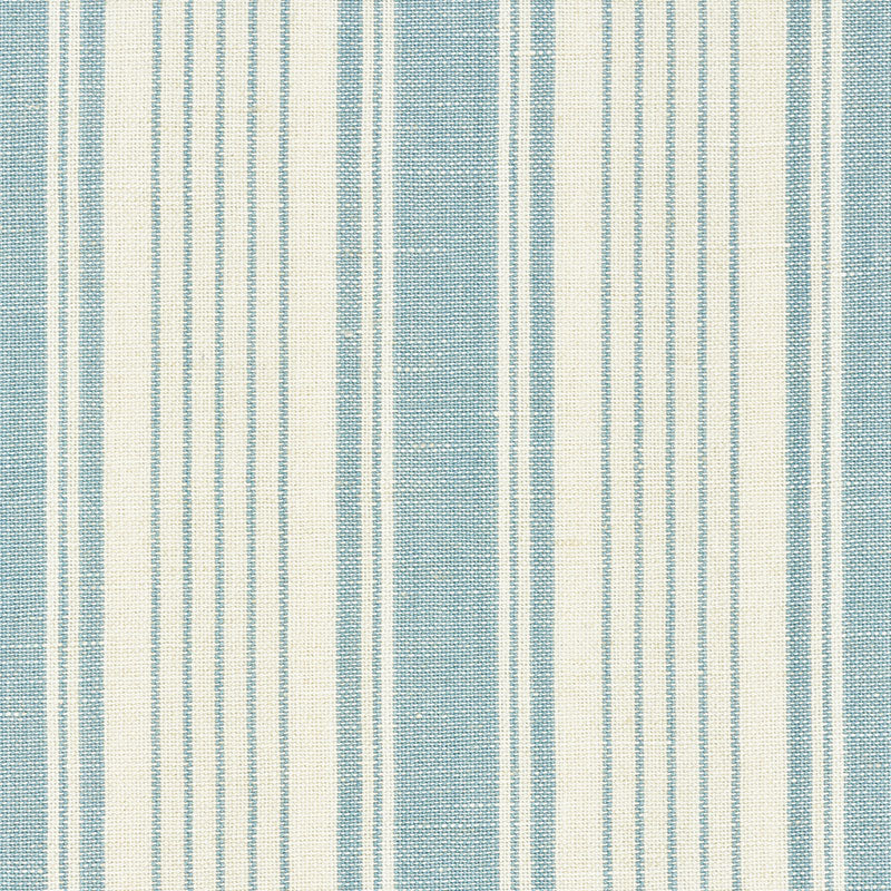 Striped fabric pattern with alternating wide and narrow vertical stripes in soft blue and off-white, featuring a woven texture with subtle irregularities.