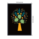 Illustration of a yellow geometric vase holding green heart-shaped and blue elongated leaves with small yellow and orange flowers on a black background, framed in black.