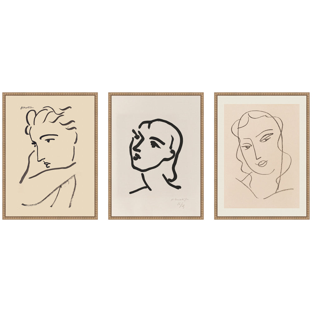 Three framed canvases featuring Profil de Femme Henri Matisse by Nostalgia Prints in rustic natural beaded frames.
