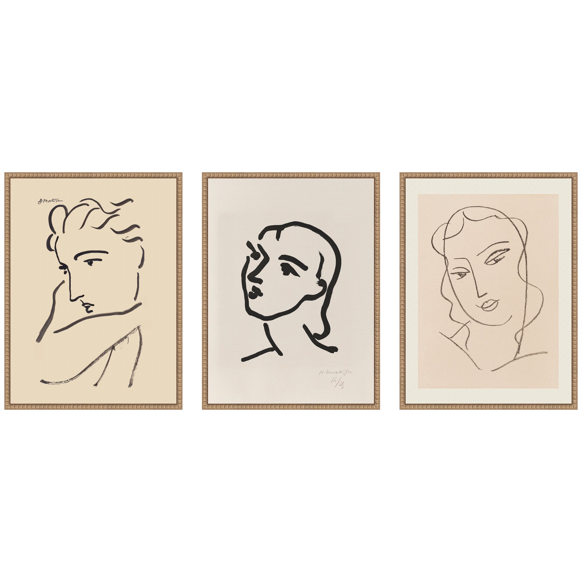 Three framed canvases featuring Profil de Femme Henri Matisse by Nostalgia Prints in rustic natural beaded frames.