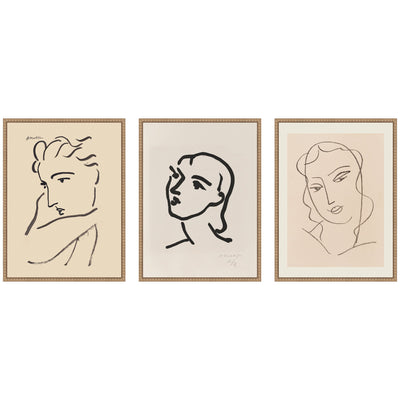Three framed canvases featuring Profil de Femme Henri Matisse by Nostalgia Prints in rustic natural beaded frames.