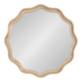 Round mirror with a scalloped wooden frame in light natural finish, featuring smooth, wave-like curves along the edge and a clear, reflective surface.