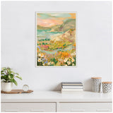 Framed Sylvie Landscape canvas by Annie Quigley depicting a colorful wildflower foreground with rolling hills and a serene body of water under a soft sunset sky.