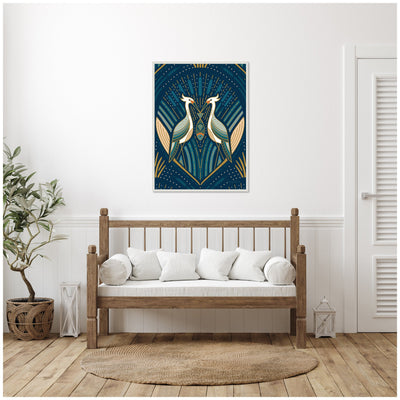 Sylvie Art Deco Herons Blue Framed Canvas by Carey Copeland