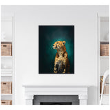 Portrait of a cheetah with detailed spotted fur against a teal-green gradient background, displayed above a white mantel in a modern, minimalist room.