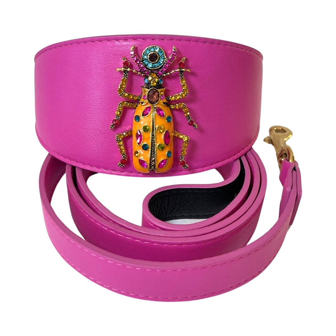 Fuchsia pink Italian leather collar and leash set with fancy beetle accessory