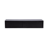 Black rectangular floating console table with two flat panel drawers and smooth matte finish, shown front-facing on a white background.
