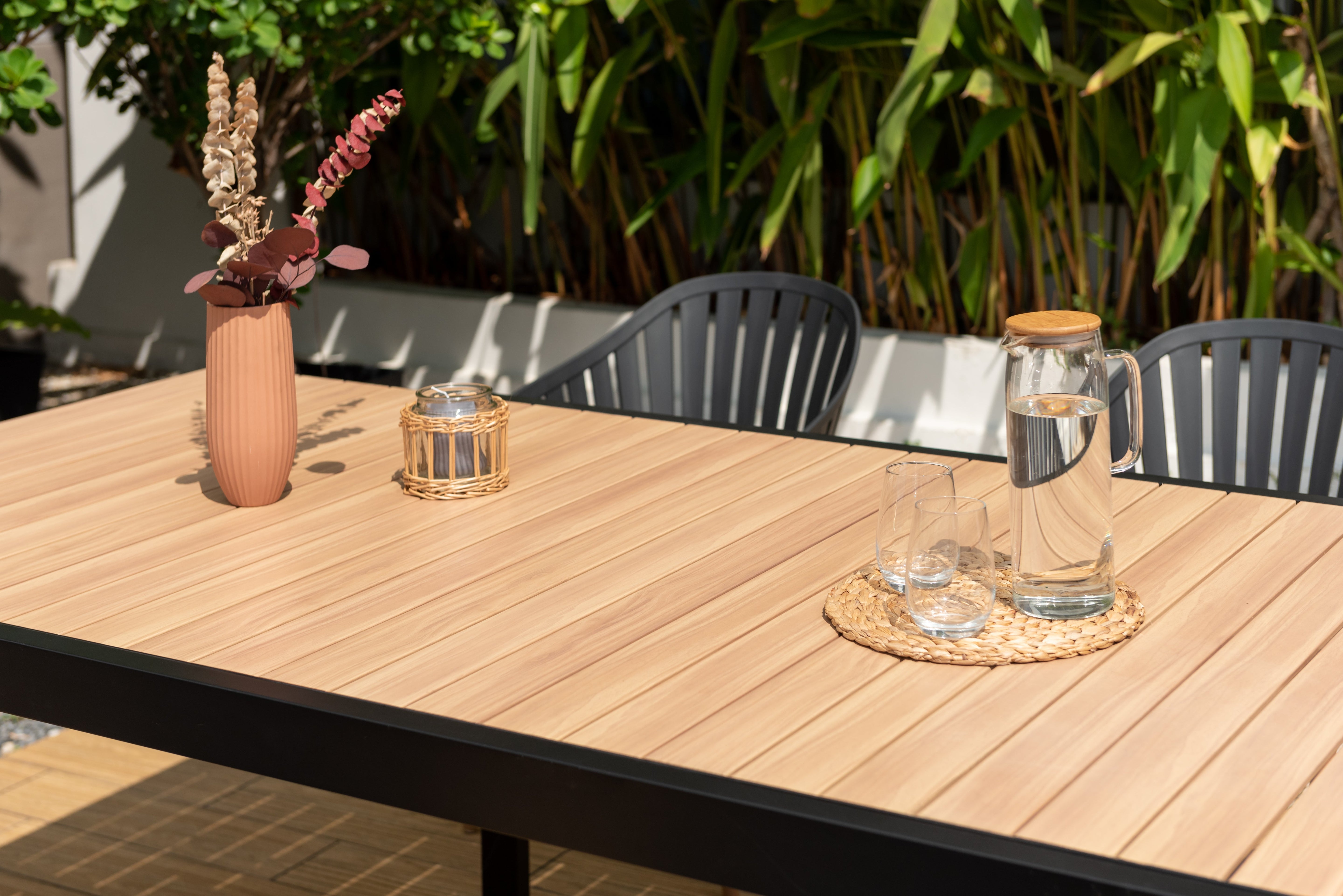 Portals Dark Rectangular Teak Table and 6 Nassau Black Aluminum Dining by LifestyleGarden US - product image 2 for Resin Society