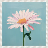 A close-up painting of a single daisy with white and pink-tinted petals and a yellow center against a solid teal background, framed in a white decorative frame.