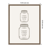 Illustrated beige jars on a white background showing kitchen volume conversions: 1 pint equals 2 cups and 16 oz; 1 quart equals 2 pints, 4 cups, and 32 oz, framed in brown.