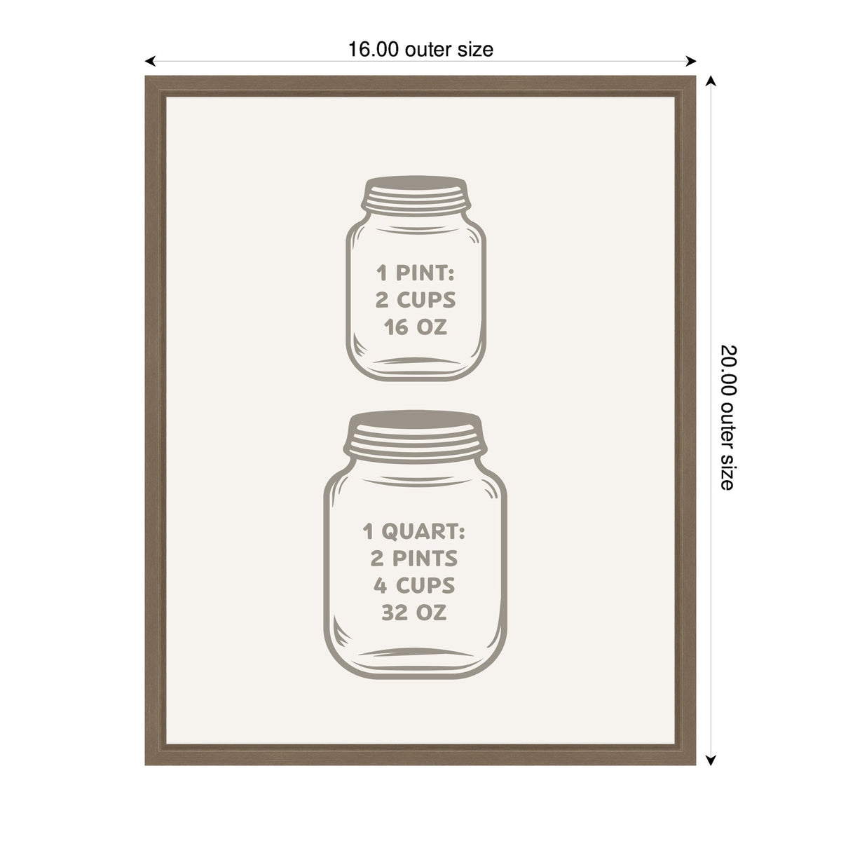 Illustrated beige jars on a white background showing kitchen volume conversions: 1 pint equals 2 cups and 16 oz; 1 quart equals 2 pints, 4 cups, and 32 oz, framed in brown.