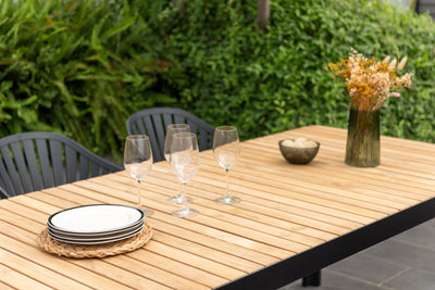 Portals Dark Rectangular Teak Table and 6 Nassau Black Aluminum Dining by LifestyleGarden US - product image 4 for Resin Society