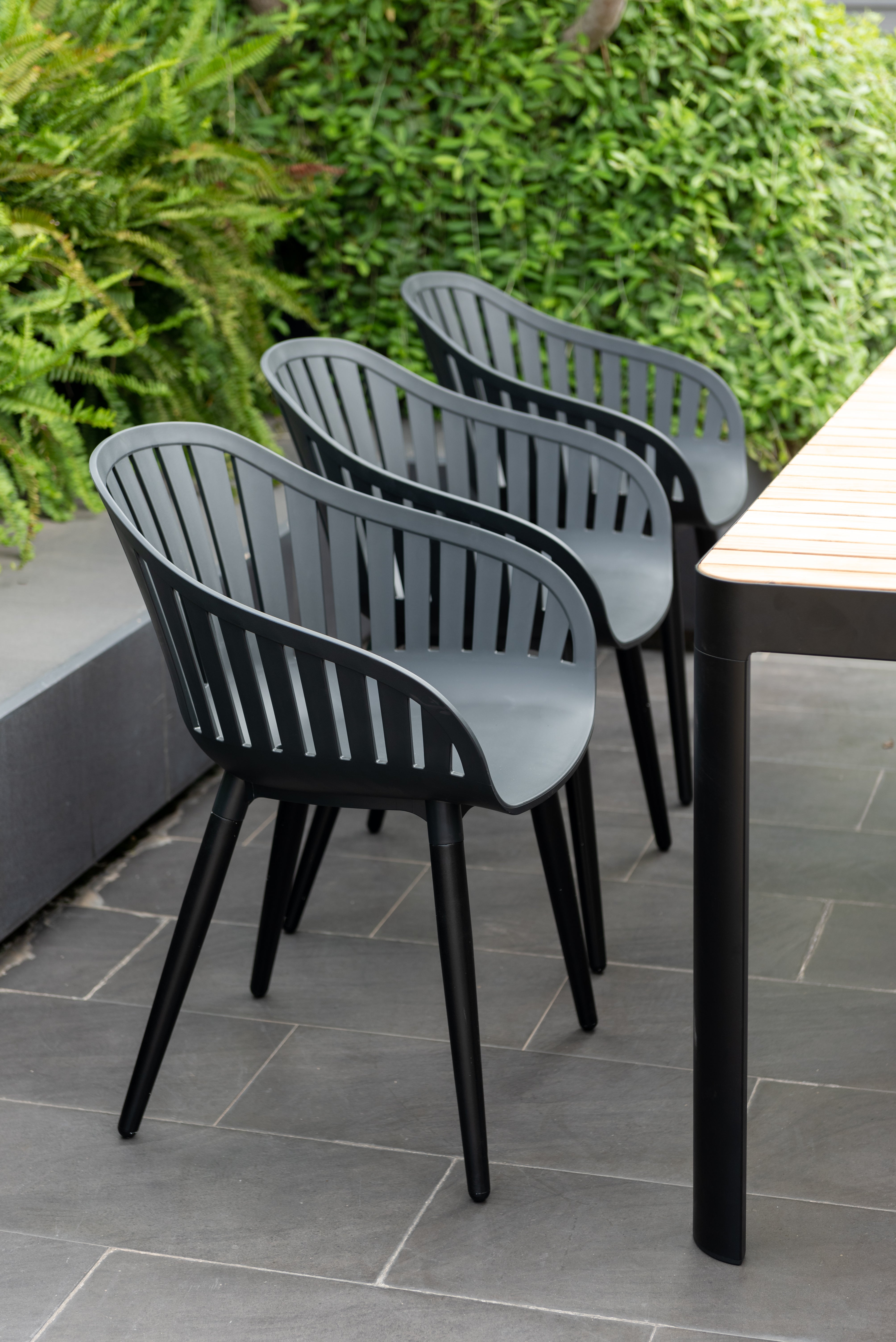 Portals Dark Rectangular Teak Table and 6 Nassau Black Aluminum Dining by LifestyleGarden US - product image 6 for Resin Society