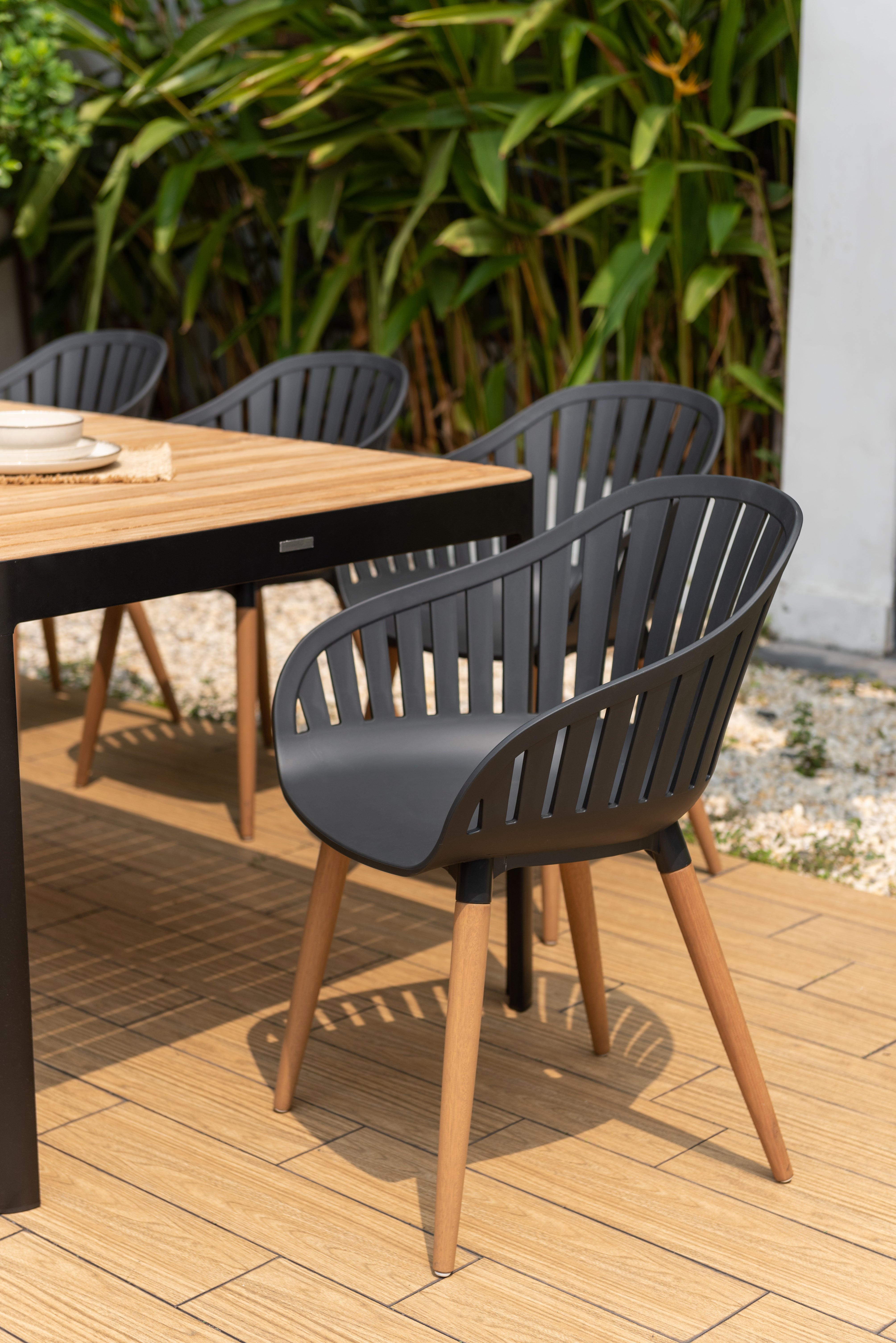 Portals Dark Rectangular Teak Table and 8 Nassau Black Dining Set by LifestyleGarden US - product image 3 for Resin Society