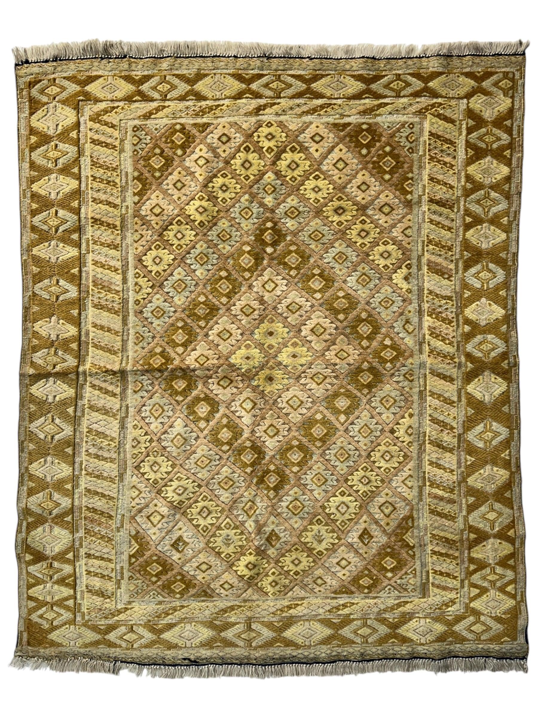 Hand-knotted Afghani Nakhunak wool rug with intricate cream and muted terracotta geometric patterns