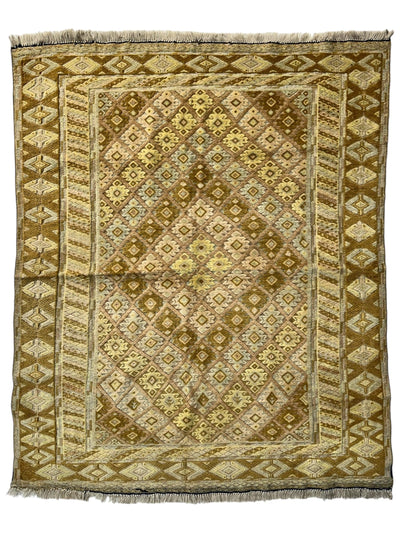 Hand-knotted Afghani Nakhunak wool rug with intricate cream and muted terracotta geometric patterns