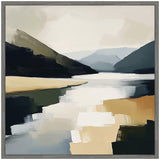 Abstract landscape painting with muted mountains in olive and navy, reflecting light beige and blue lake water under a cloudy sky, framed in gray.