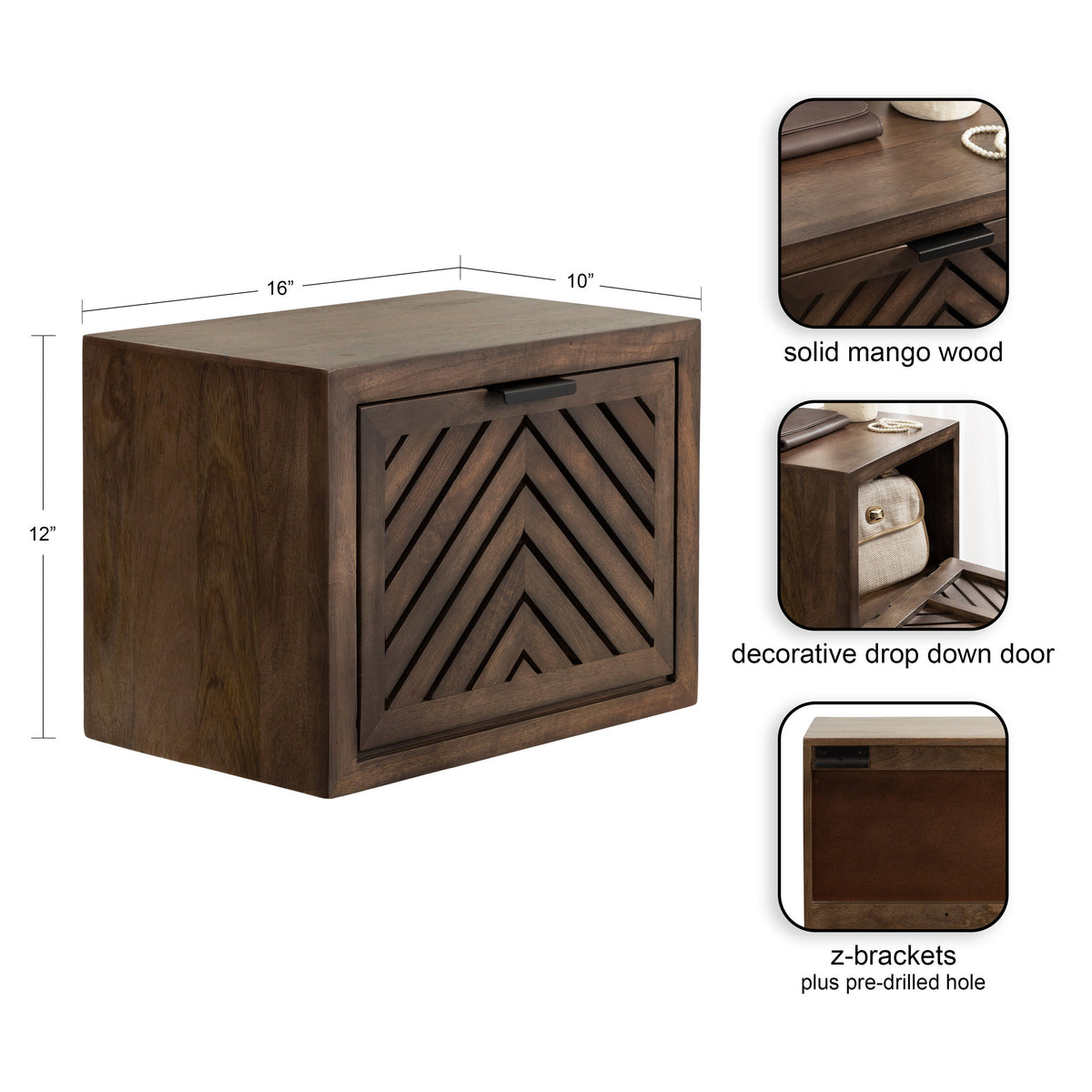 Solid mango wood floating side table with a front drop-down door featuring a chevron pattern, shown along with close-ups of the door handle and z-brackets.