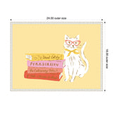 Illustration of a white cat with pink glasses and a yellow bow sitting next to a colorful stack of cat-themed books against a pale yellow background.