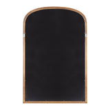 Rectangular wall mirror with an arched top featuring a natural wood frame and a black backing board with two metal hanging fixtures on sides.