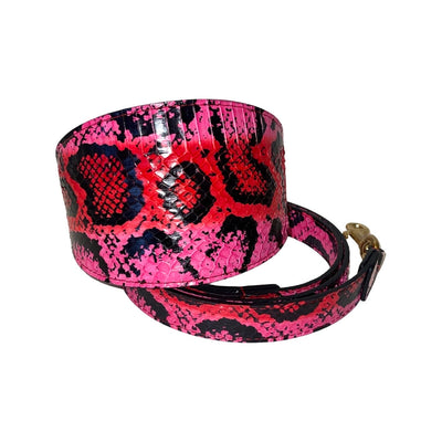 Fuchsia/Light Pink/Red & Black 4” wide custom snake style collar and leash set with gold hardware