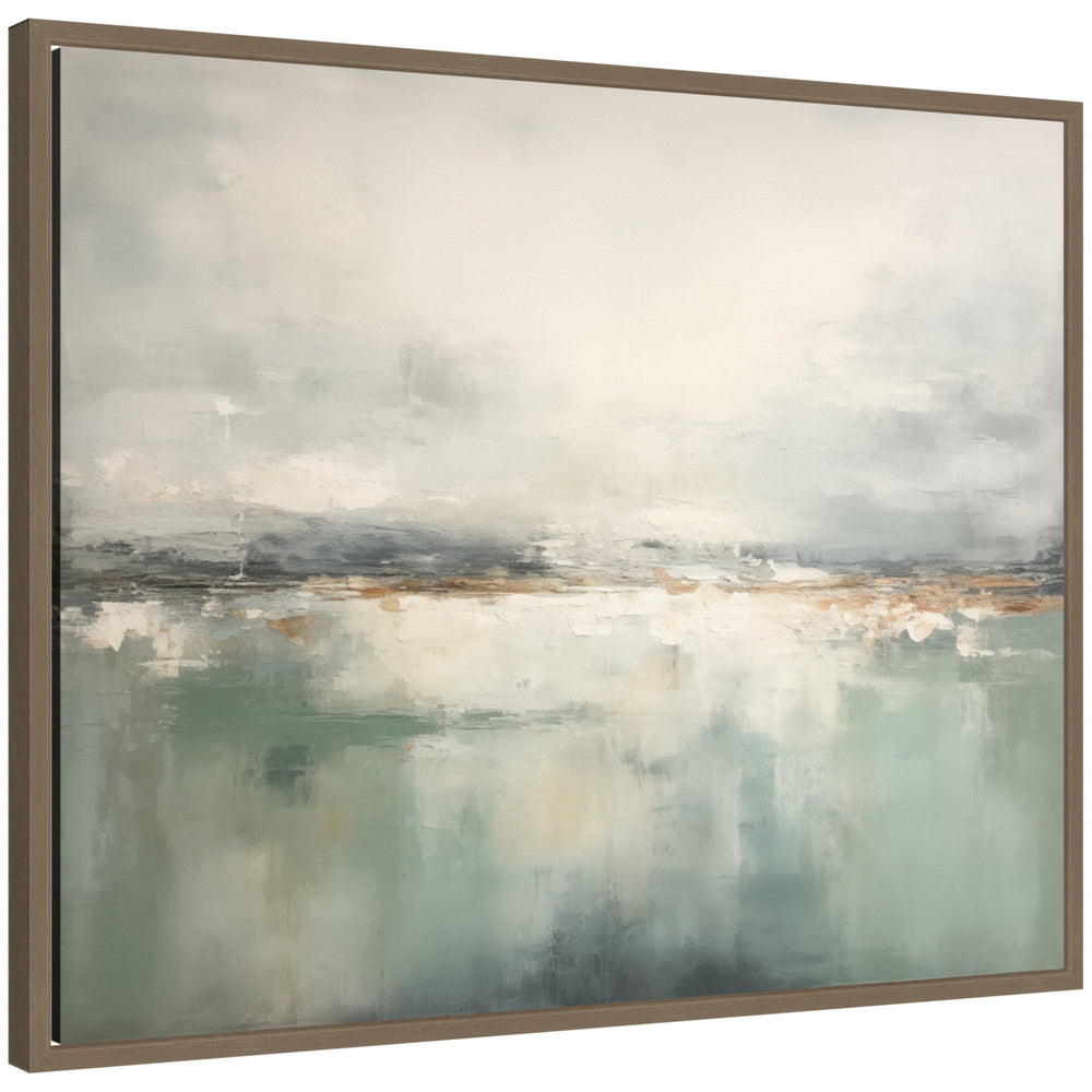 Subtle Abstract Gray Green Horizon framed canvas wall art print featuring soft gray and green abstract horizon layered on canvas in Sylvie frame.