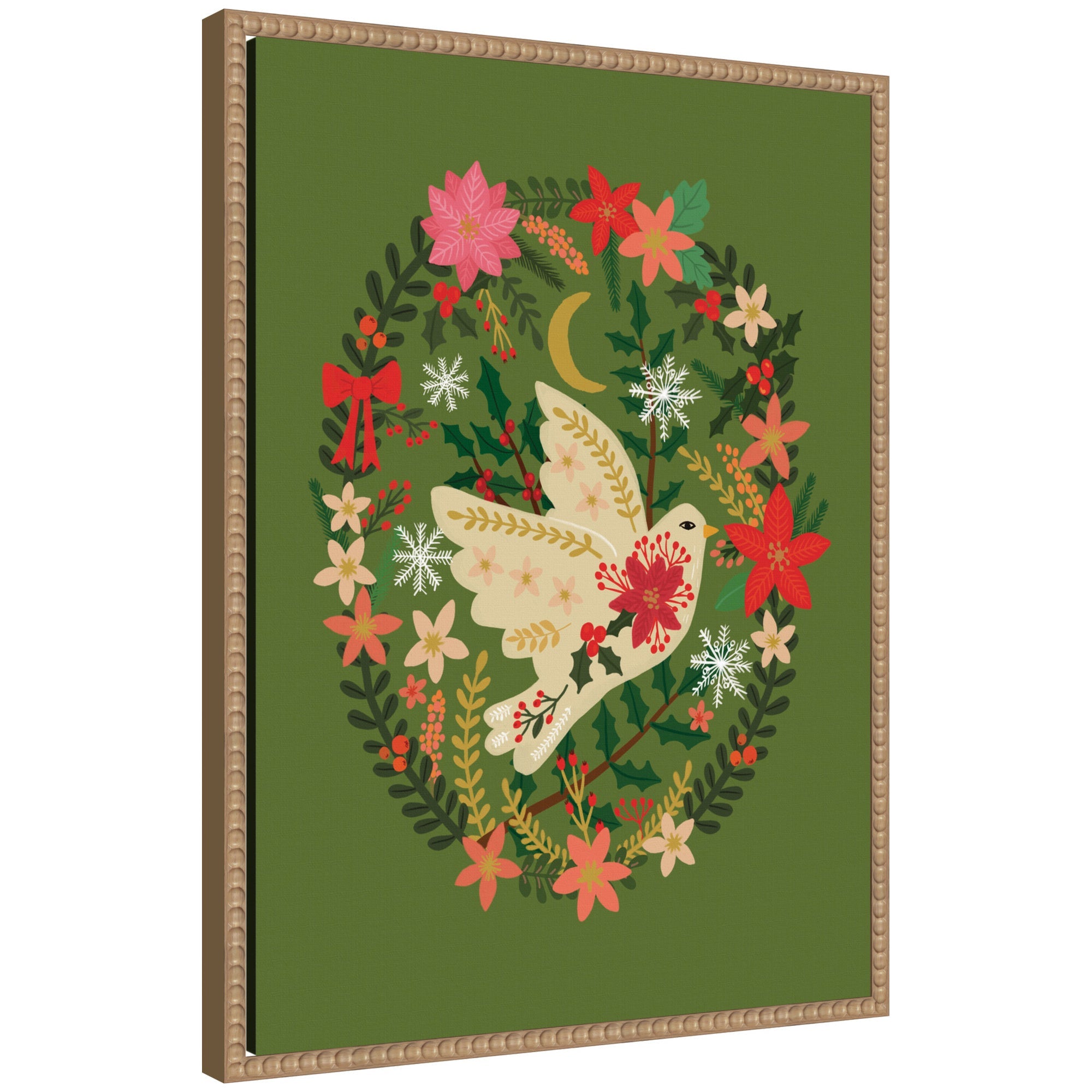 Sylvie Beaded Dove Christmas framed canvas art depicting a dove with beads, in a modern white frame