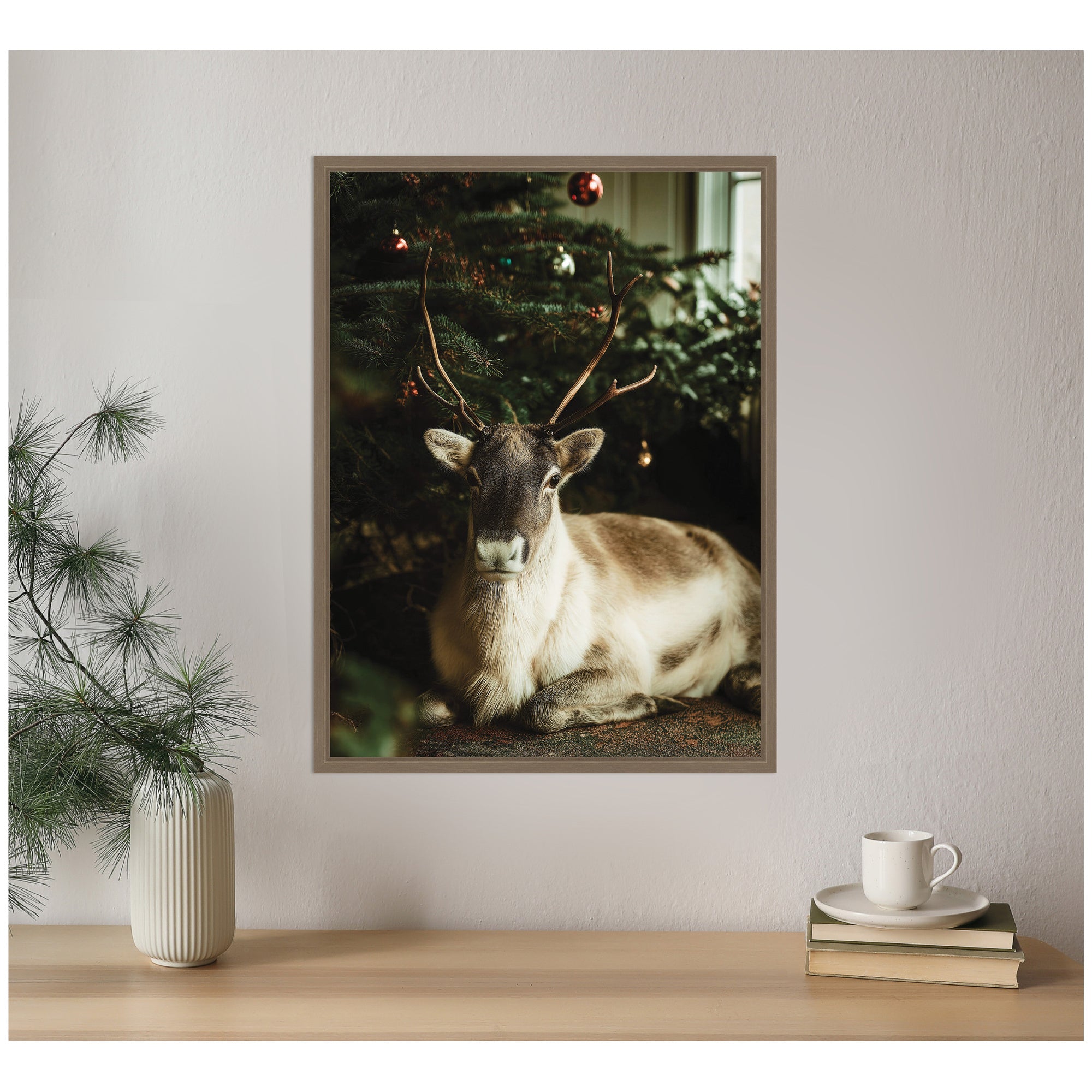 Sylvie Framed Canvas Reindeer Sitting Under a Christmas Tree by Michael Schauer