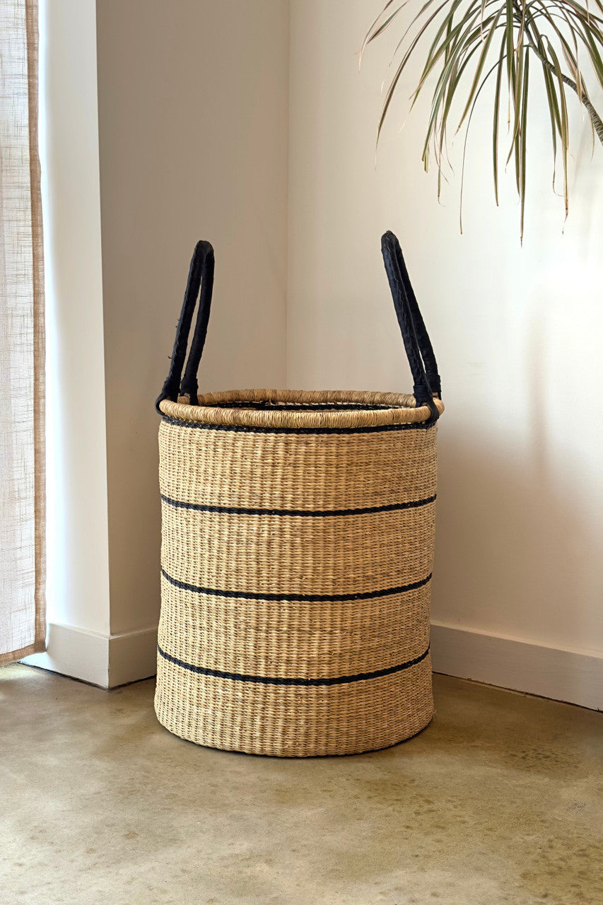 Hold Everything Hamper - Horizontal Black Lines showing woven basket with leather-wrapped handles