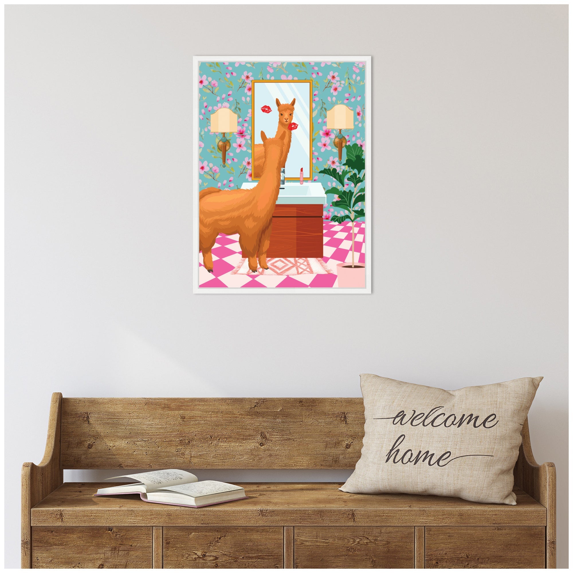 Sylvie Maximalist Llama Bathroom Mirror Framed Canvas by Honey Island Studio