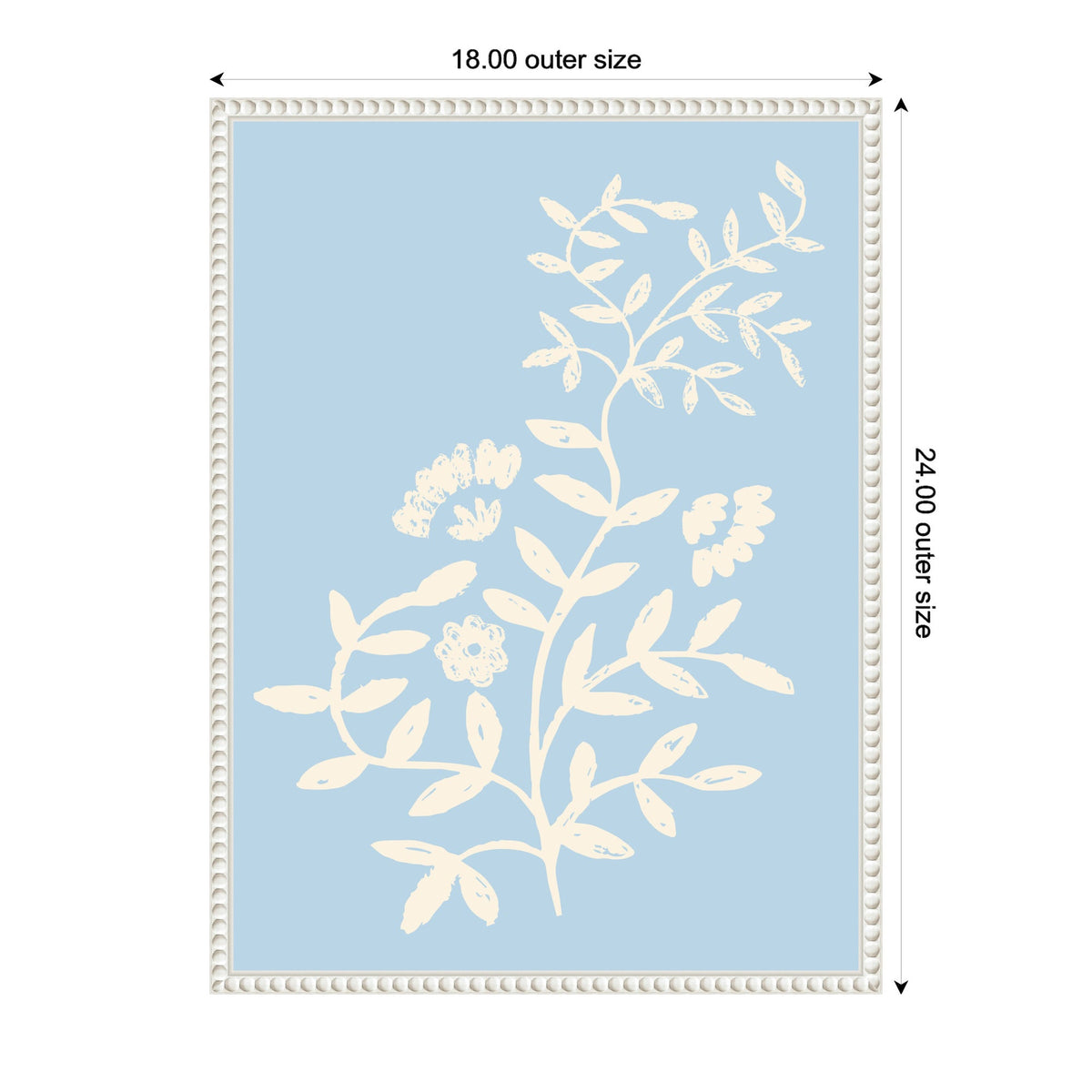 Framed canvas featuring a pale blue background with a white botanical design of leaves and flowers, set within a decorative off-white frame measuring 18 by 24 inches.