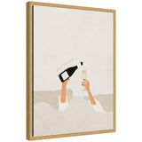 Minimalist illustration of a person in a soft beige bathrobe holding a black champagne bottle and a glass, with 'good morning' text above the bottle.