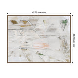 Abstract canvas artwork with layered white and gray brushstrokes, accented by subtle patches of green, gold, and peach, framed in a neutral light brown frame, measuring 42 by 32 inches.