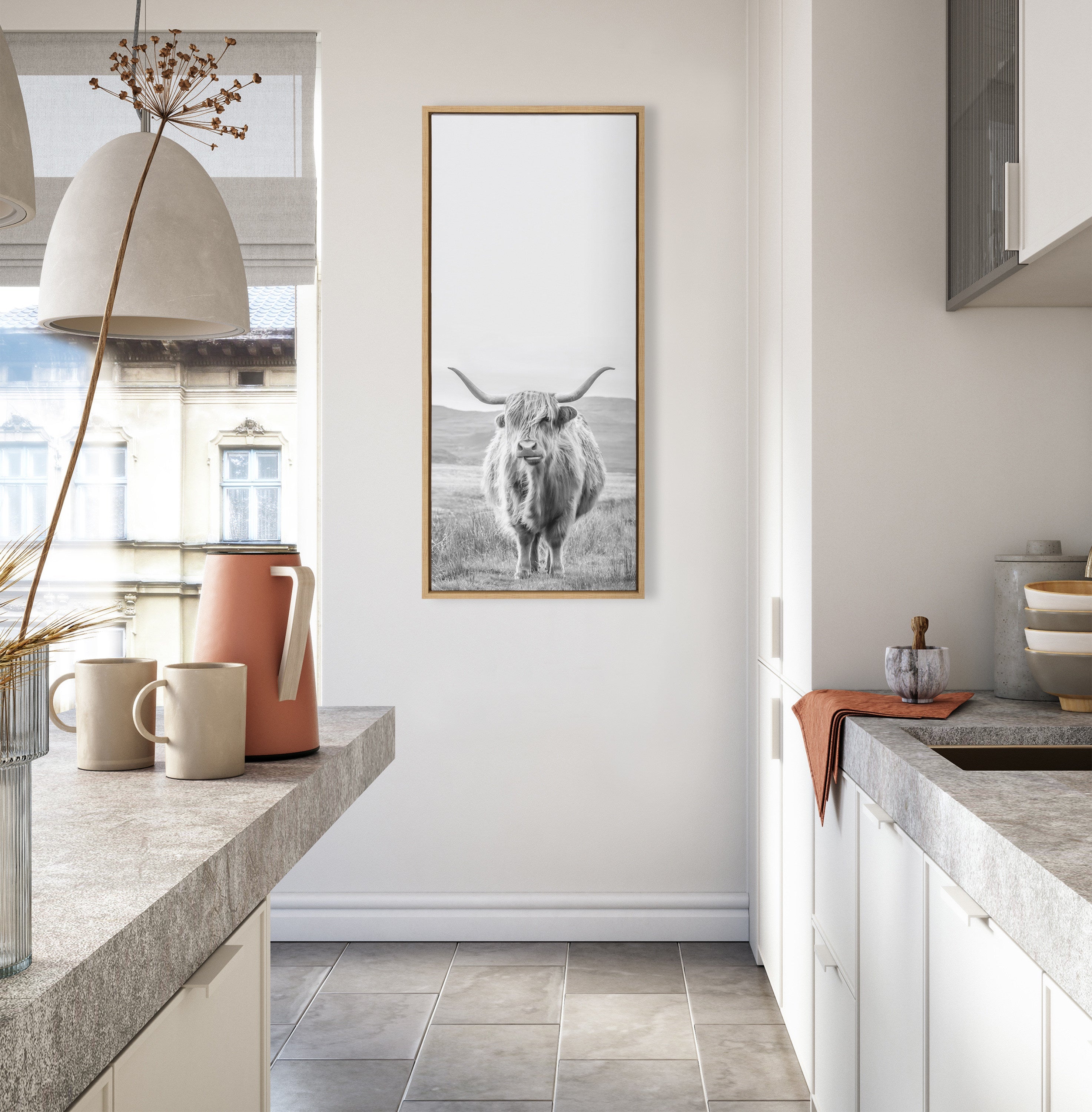 Sylvie Highland Cow Mountain Landscape Black and White Framed Canvas by by kateandlaurel - product image 11 for Resin Society
