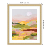 Abstract landscape painting with soft pastel tones of pink, green, yellow, and brown under a pale sun, framed in a light wood frame with white matting.