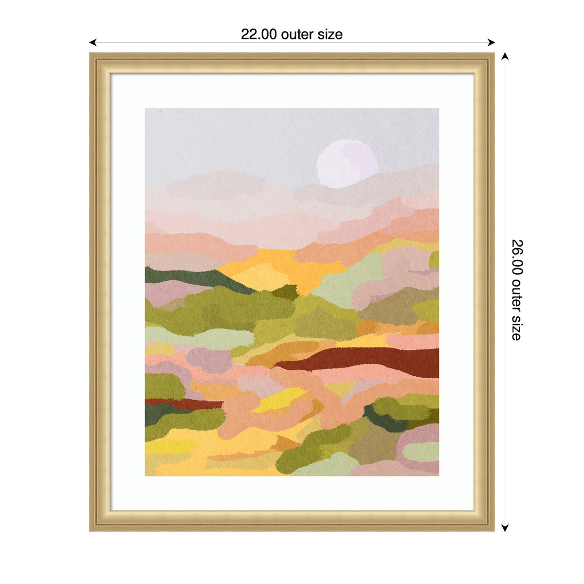 Abstract landscape painting with soft pastel tones of pink, green, yellow, and brown under a pale sun, framed in a light wood frame with white matting.