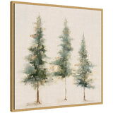 Abstract painting of three tall evergreen trees in soft green and beige tones on a neutral linen-textured background with a light wood frame.