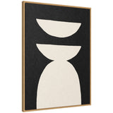 Abstract framed canvas featuring two off-white geometric shapes stacked on a textured black background with a light wood frame.
