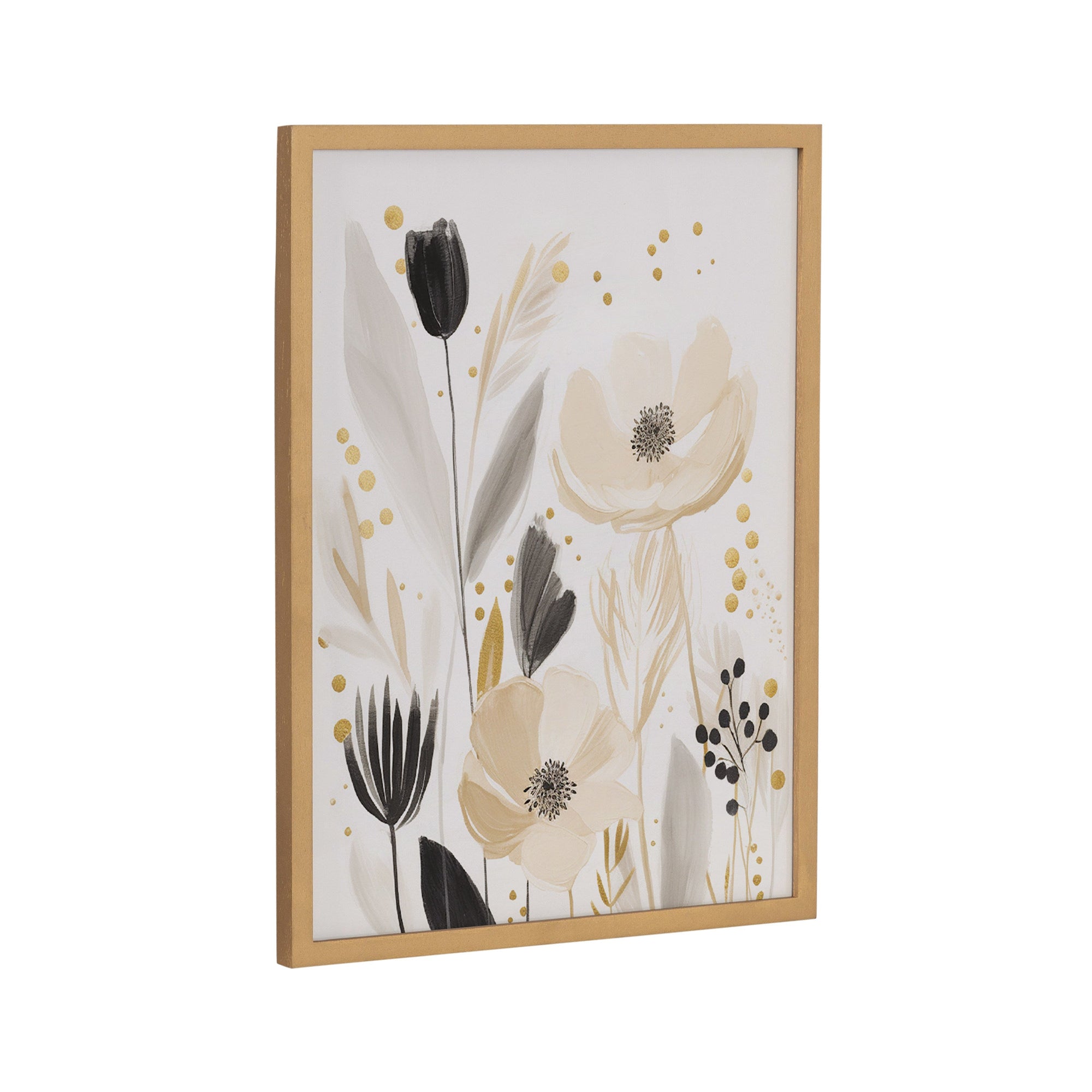 Framed floral abstract print with muted tones and solid wood gallery frame in natural color