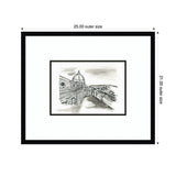 Sketch-style black and white framed wall art of Florence featuring the Duomo cathedral dome and cityscape, with outer dimensions 25x21 inches in a simple black frame.