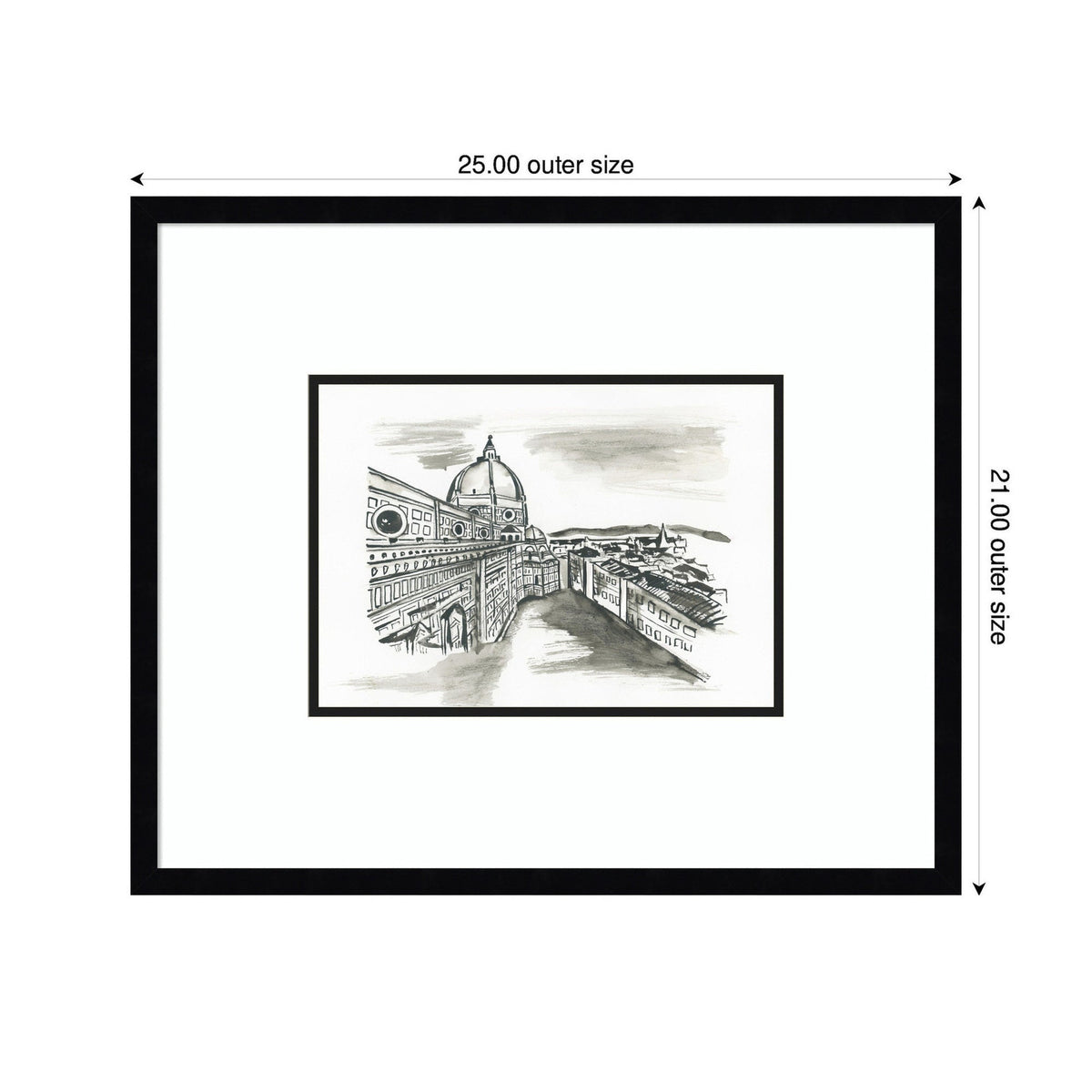 Sketch-style black and white framed wall art of Florence featuring the Duomo cathedral dome and cityscape, with outer dimensions 25x21 inches in a simple black frame.
