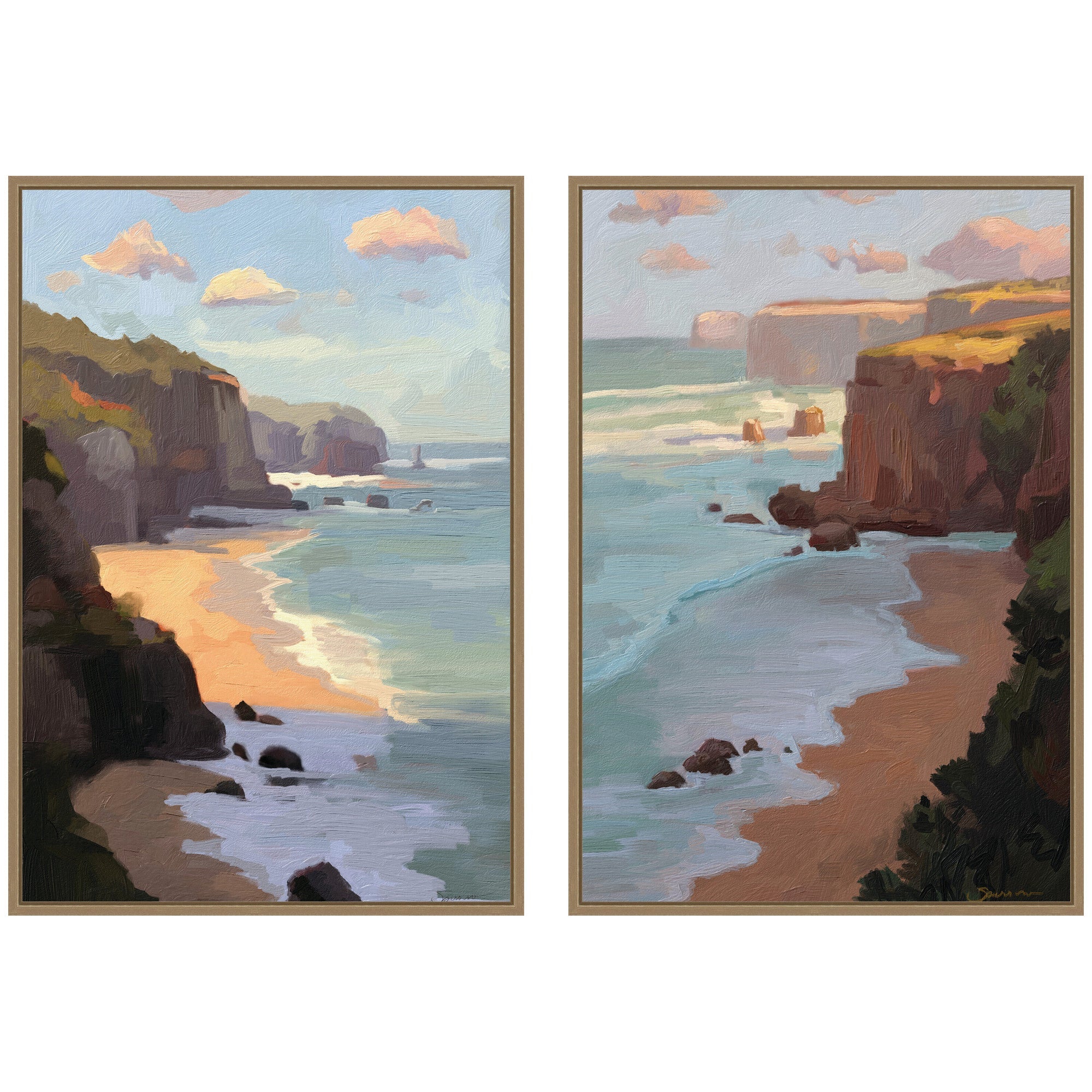 Two framed canvas wall art pieces showing partly cloudy sky with sunshine and afternoon shadow in dark gold tones