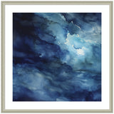 Abstract watery design with rich blue tones and light blue highlights blending into dark navy swirls in a square silver frame.