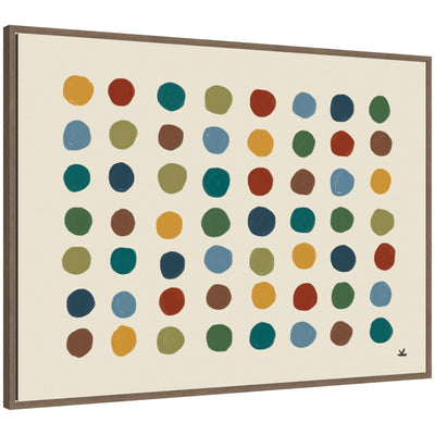 Meditation No.
3b by Kelly Knaga framed canvas wall art showing a grid of colored circles in a walnut woodgrain float frame