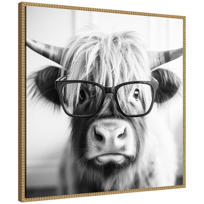 Sylvie Black and White Highland Cow in Reading Glasses Framed Canvas by The Creative Bunch Studio