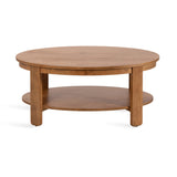 Oval wood coffee table with a lower shelf supported by four straight legs, featuring a warm brown finish and simple, sturdy design.