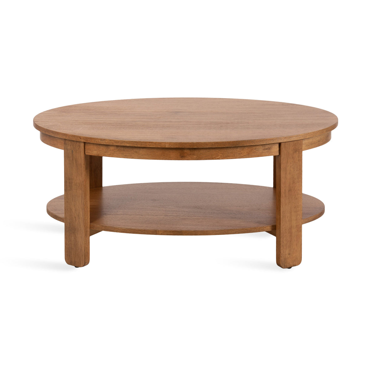Oval wood coffee table with a lower shelf supported by four straight legs, featuring a warm brown finish and simple, sturdy design.