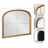 Wall mirror with a natural rustic solid wood frame featuring a smooth basket arch top and 1.5-inch scooped depth profile, shown with hanging hardware detail.