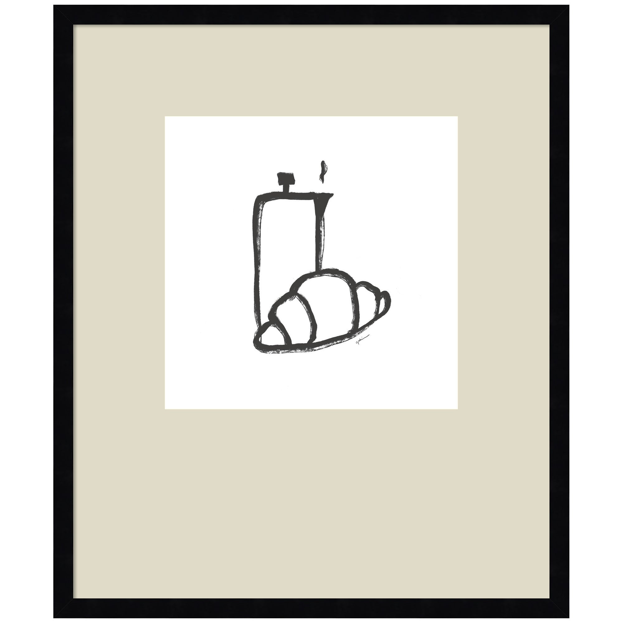 Breakfast Club No.
2 framed wall art print by Gabrielly Guedes showing a monochrome figure in a detailed dark frame.