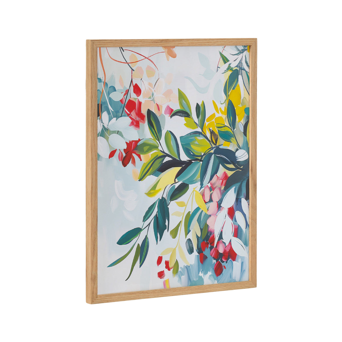 Abstract botanical print featuring layered leaves and flowers in jewel tones of teal, red, yellow, and white with soft brushstrokes, framed in light wood.